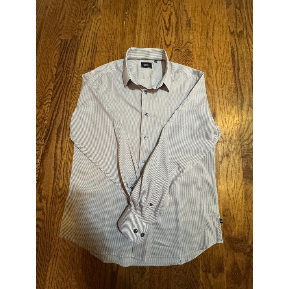 7Diamonds Melange Stretch Mens Brown White Micro Stripe Button Down Shirt Large